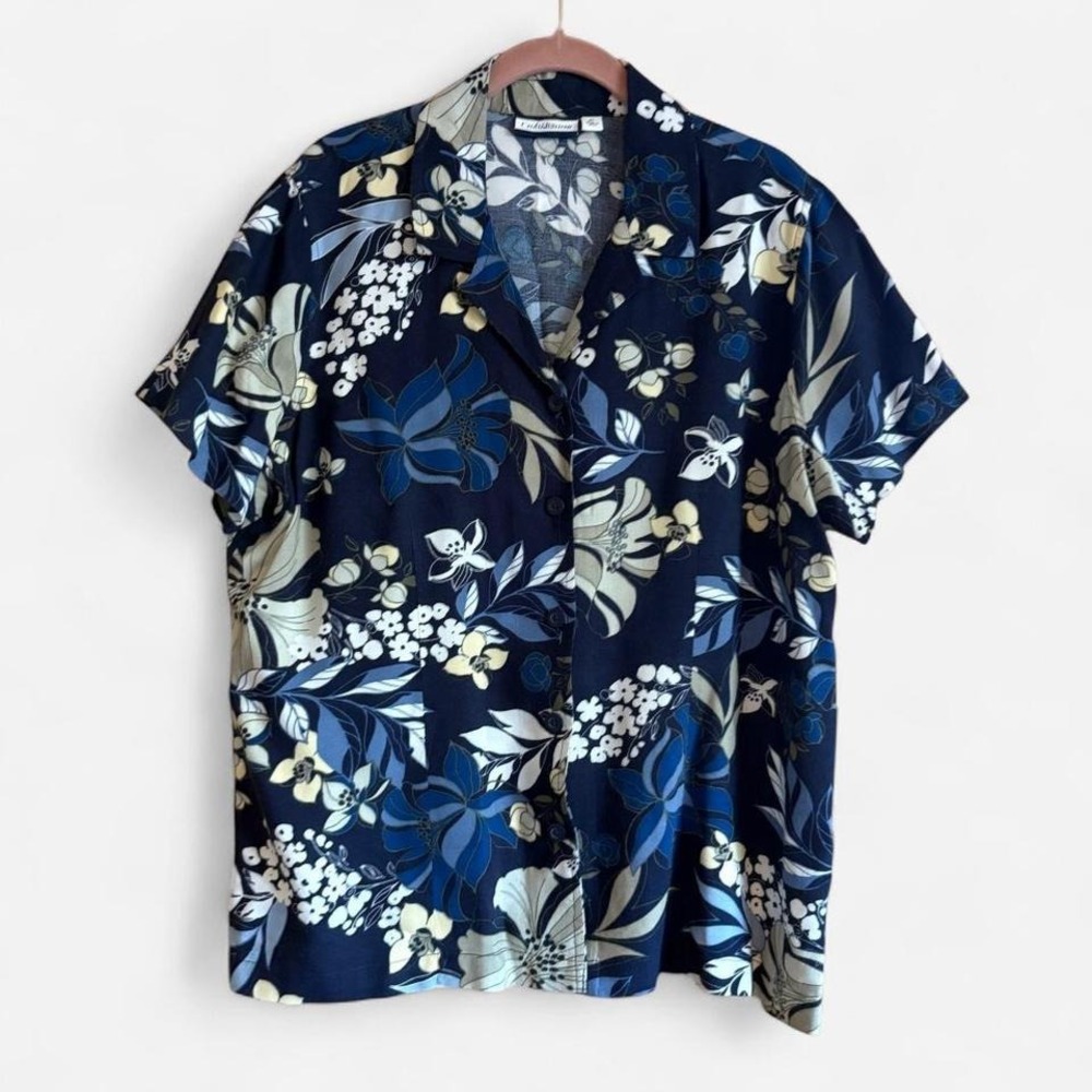 Navy floral camp collar shirt Croft & Barrow button up summer drapey women's XL